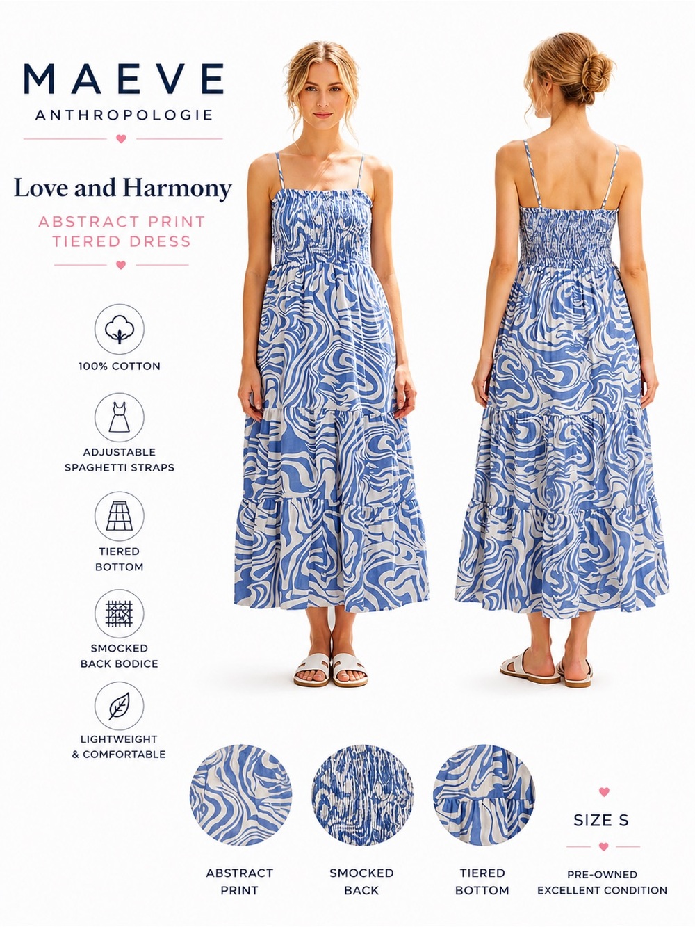 Maeve Anthropologie Love & Harmony 100% Cotton Blue Abstract Print Smocked Dress
